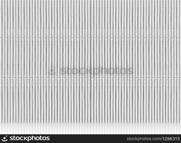 3d rendering. Abstract white or gray bamboo wood pattern wall background with reflection on the floor.