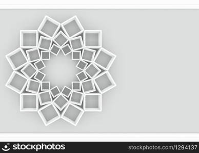 3d rendering. Abstract White square in star shape on copy space gray background.