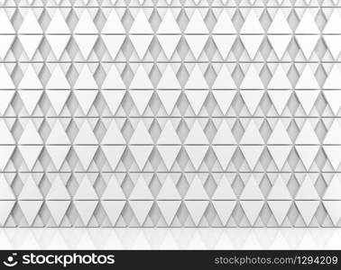 3d rendering. Abstract White tri angle shape pattern wall background with reflection on the floor.