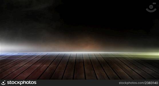 3D Rendering Abstract wood plank light in a dark empty with smoke, Dark background scene.