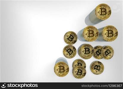 3d rendering. aerial view of golden saving cryptocurrency bitcoin stacks on copy space gray background.