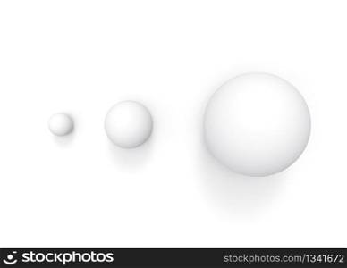 3d rendering. aerial view of simple white small to big sphere ball object on gray backgorund. growing up or evolution concept.