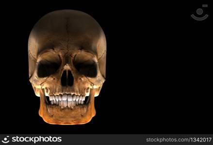 3d rendering. Aged Human Head skull ghost bone isolated on black background. Horror Halloween Concept.