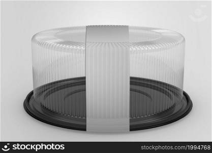 3D rendering an empty transparent cake containers isolated on white background with black base. fit for your design project.
