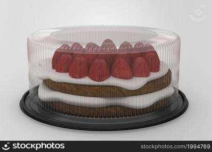 3D rendering an empty transparent cake containers isolated on white background with black base. fit for your design project. added strawberry cake.