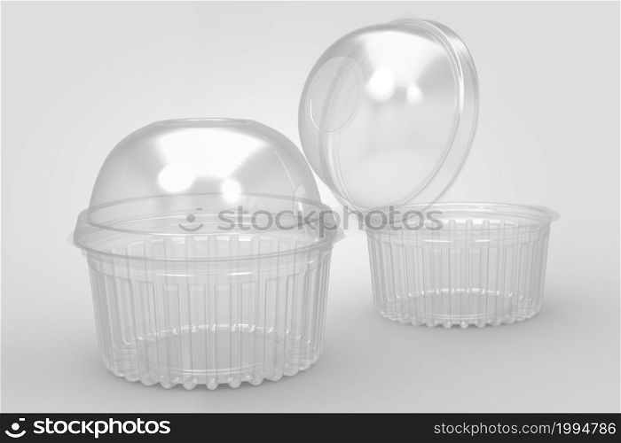 3D rendering an empty transparent cup cake containers isolated on white background. fit for your design project.