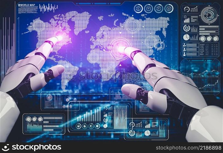 3D rendering artificial intelligence AI research of droid robot and cyborg development for future of people living. Digital data mining and machine learning technology design for computer brain.. Future artificial intelligence and machine learning for AI droid robot or cyborg