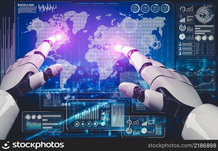 3D rendering artificial intelligence AI research of droid robot and cyborg development for future of people living. Digital data mining and machine learning technology design for computer brain.. Future artificial intelligence and machine learning for AI droid robot or cyborg