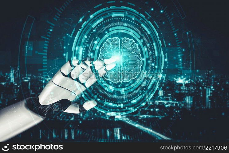 3D rendering artificial intelligence AI research of droid robot and cyborg development for future of people living. Digital data mining and machine learning technology design for computer brain.. Future artificial intelligence and machine learning for AI droid robot or cyborg