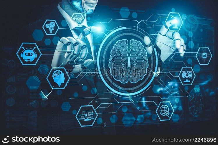 3D rendering artificial intelligence AI research of droid robot and cyborg development for future of people living. Digital data mining and machine learning technology design for computer brain.. Future artificial intelligence and machine learning for AI droid robot or cyborg