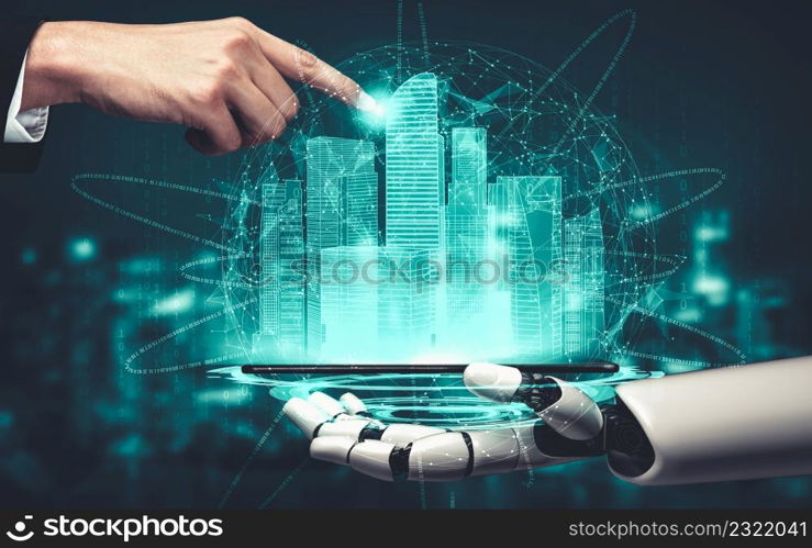 3D rendering artificial intelligence AI research of droid robot and cyborg development for future of people living. Digital data mining and machine learning technology design for computer brain.. Future artificial intelligence and machine learning for AI droid robot or cyborg