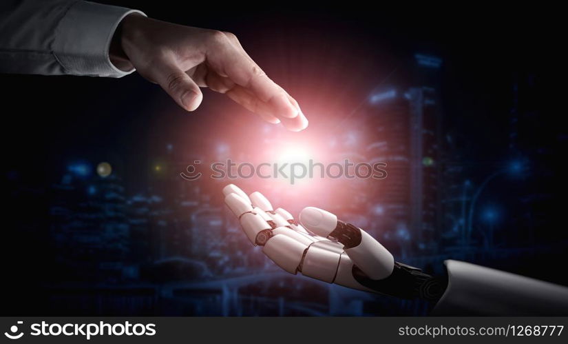 3D rendering artificial intelligence AI research of robot and cyborg development for future of people living. Digital data mining and machine learning technology design for computer brain.