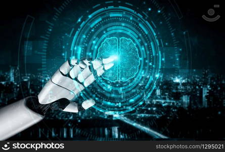 3D rendering artificial intelligence AI research of robot and cyborg development for future of people living. Digital data mining and machine learning technology design for computer brain.