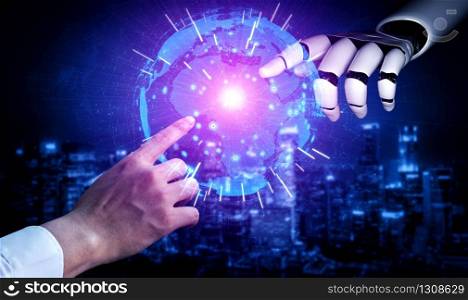 3D rendering artificial intelligence AI research of robot and cyborg development for future of people living. Digital data mining and machine learning technology design for computer brain.