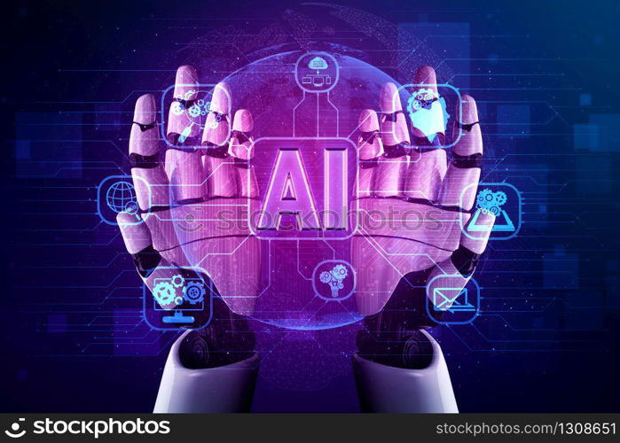 3D rendering artificial intelligence AI research of robot and cyborg development for future of people living. Digital data mining and machine learning technology design for computer brain.