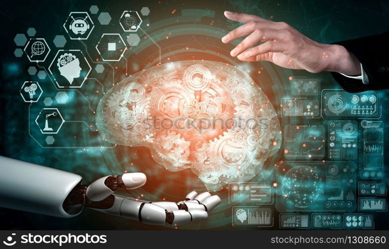 3D rendering artificial intelligence AI research of robot and cyborg development for future of people living. Digital data mining and machine learning technology design for computer brain.