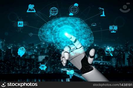 3D rendering artificial intelligence AI research of robot and cyborg development for future of people living. Digital data mining and machine learning technology design for computer brain.