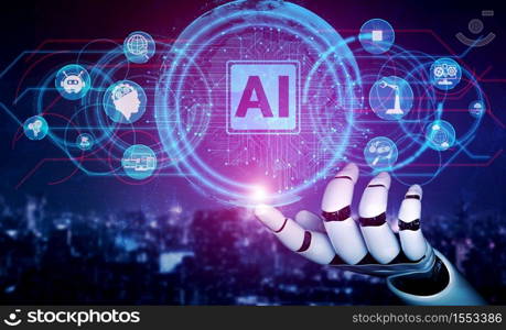 3D rendering artificial intelligence AI research of robot and cyborg development for future of people living. Digital data mining and machine learning technology design for computer brain.