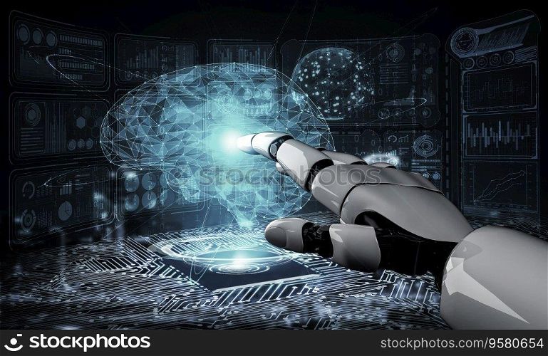 3D rendering artificial intelligence AI research of robot and cyborg development for future of people living. Digital data mining and machine learning technology design for computer brain.. Future artificial intelligence robot and cyborg. 3D illustration.