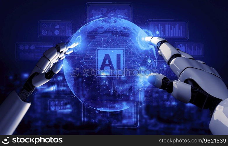 3D rendering artificial intelligence AI research of robot and cyborg development for future of people living. Digital data mining and machine learning technology design for computer brain.. Future artificial intelligence robot and cyborg. 3D illustration.