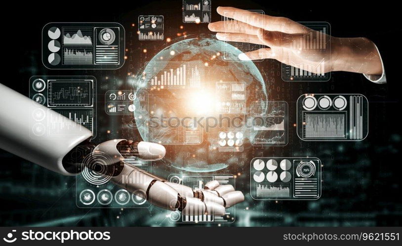 3D rendering artificial intelligence AI research of robot and cyborg development for future of people living. Digital data mining and machine learning technology design for computer brain.. Future artificial intelligence robot and cyborg. 3D illustration.