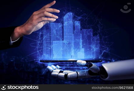 3D rendering artificial intelligence AI research of robot and cyborg development for future of people living. Digital data mining and machine learning technology design for computer brain.. Future artificial intelligence robot and cyborg. 3D illustration.