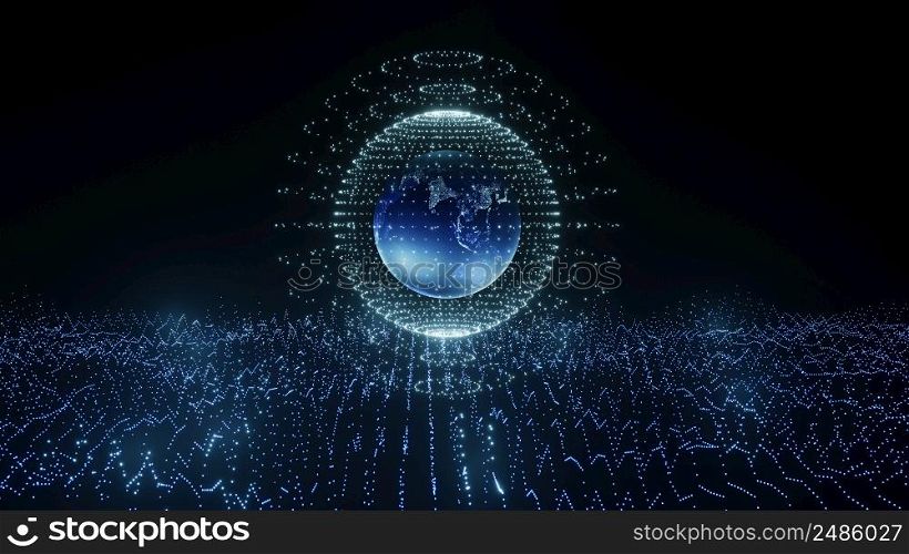 3D Rendering. Artistic infographics binary numbers tunnel and Earth globe rotation. Technology Network Data Connection, Digital Data Network, Cyber Security Concept. 3D Rendering. Artistic infographics binary numbers tunnel and Earth globe rotation