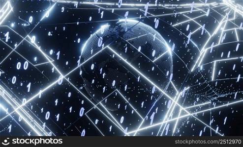 3D Rendering. Artistic infographics binary numbers tunnel and Earth globe rotation. Technology Network Data Connection, Digital Data Network, Cyber Security Concept. 3D Rendering. Artistic infographics binary numbers tunnel and Earth globe rotation