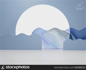 3D Rendering Asian, Chinese, Japanese or Korean Product Display Background. Morning Sun, Watercolor Glass Screen and Water Wave Shape Paper Cutting Props for Festive Food and Beauty Products.