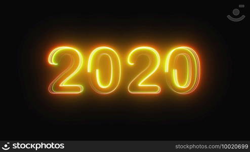 3D rendering background with multi-colored neon text 2020 on black. Computer generated bright festive effect. 3D rendering background with multi-colored neon text 2020 on black. Computer generated bright festive style