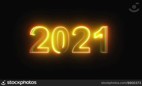 3D rendering background with multi-colored neon text 2021 on black. Computer generated bright festive effect. 3D rendering background with multi-colored neon text 2021 on black. Computer generated bright festive style