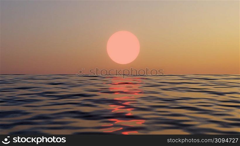 3D Rendering. Beautiful sunset or sunrise on the ocean. Sun light beam shining through the cloudscape. Wave And Reflection Slow Motion. 3D Rendering. Beautiful sunset or sunrise on the ocean. Sun light beam shining through the cloudscape
