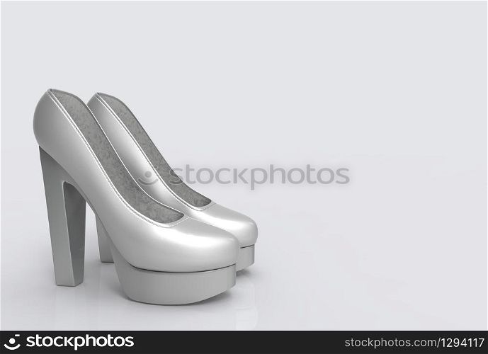 3d rendering. beauty silver color high heel shoes on gray copy space background.
