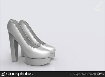 3d rendering. beauty silver color high heel shoes on gray copy space background.