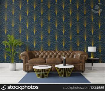 3d rendering big living room.interior design, art deco style, big brown sofa,dark green wall for mock up and copy space