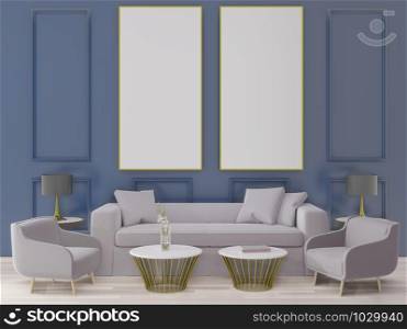3d rendering big living room.interior design, art deco style, blue wall for mock up and copy space