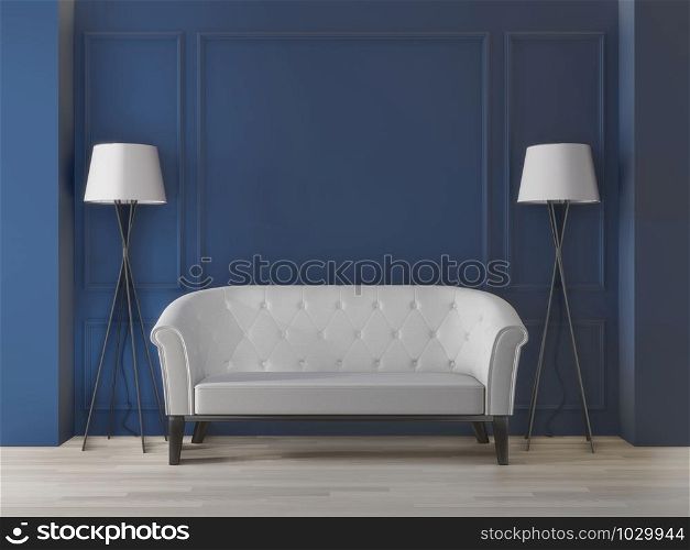3d rendering big living room.interior design, art deco style, dark blue wall for mock up and copy space