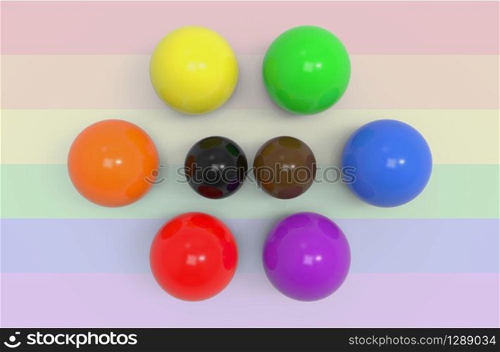 3d rendering. black and brown balls among lgbt rainbow color style sphere on flage background. welcome new sign to pride community concept.