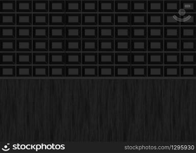 3d rendering. Black square pattern with wood panel wall background.
