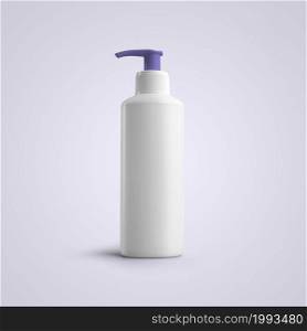 3D rendering blank white cosmetic plastic bottle with purple dispenser isolated on grey background. fit for your mockup design.