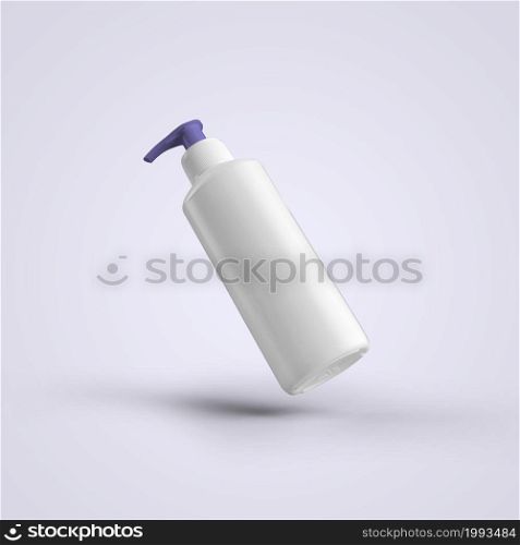 3D rendering blank white cosmetic plastic bottle with purple dispenser isolated on grey background. fit for your mockup design.