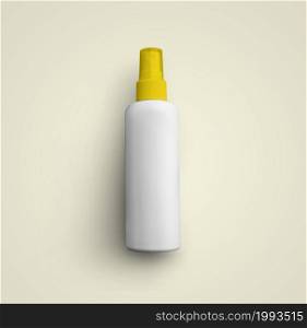 3D rendering blank white cosmetic plastic spray bottle with yellow cap isolated on grey background. fit for your mockup design.
