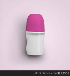 3D rendering blank white roll on deodorant plastic bottle with pink cap isolated on grey background. fit for your mockup design.