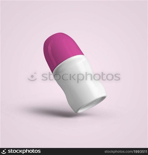 3D rendering blank white roll on deodorant plastic bottle with pink cap isolated on grey background. fit for your mockup design.