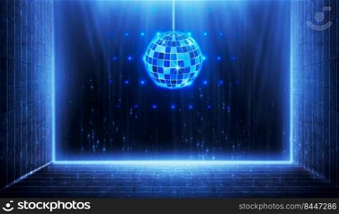 3D rendering Blue disco dance floor with mirror balls mesh circles and spot lights. 