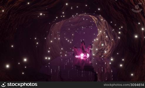 3D Rendering. Blue mystical cave with the magic of sparkling crystals, stimulating adventure concept. Magic light flying through the cave. 3D Rendering. Blue mystical cave with the magic of sparkling crystals, stimulating adventure concept