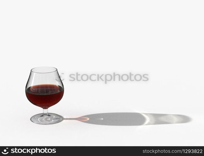 3d rendering. brown brandy in the glass with long shadow on the floor copy space background.