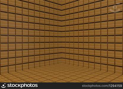3d rendering. brown square tiles wall corner background.