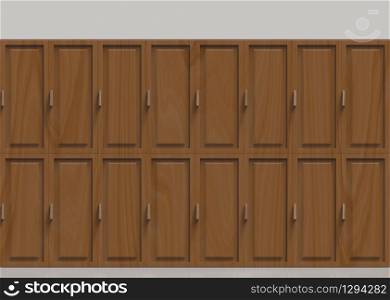 3d rendering. brown wooden loackers row background.