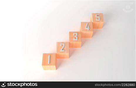 3d rendering business concept minimal. wood cube of arranged in a stairway to success your text banner. 3D render arrange lined up blank wooden cubes on white background copy space for input wording